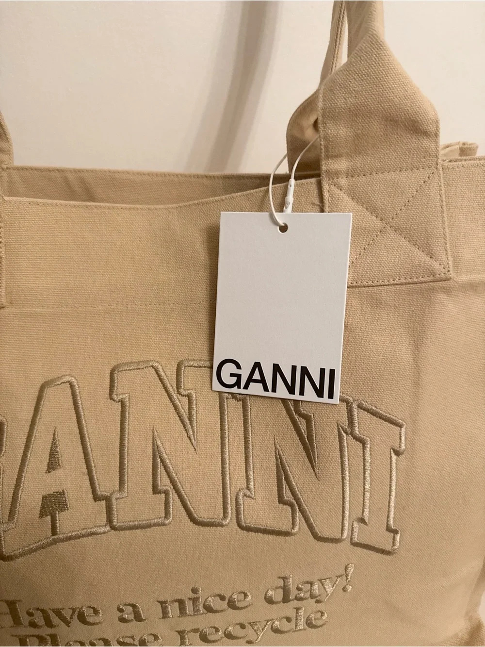 NWT Ganni tote tan beige cotton canvas tote gold embroidered logo w/ silk insert